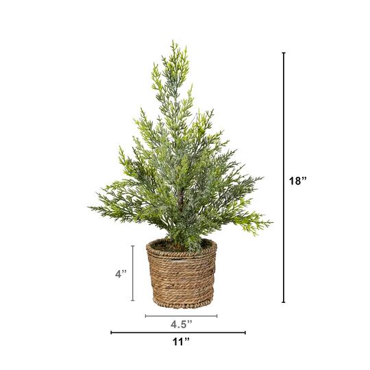 Nearly Natural 18" Pre-Lit Artificial Snowed Cypress Christmas Tree in Hyacinth Basket, Warm White LED Lights